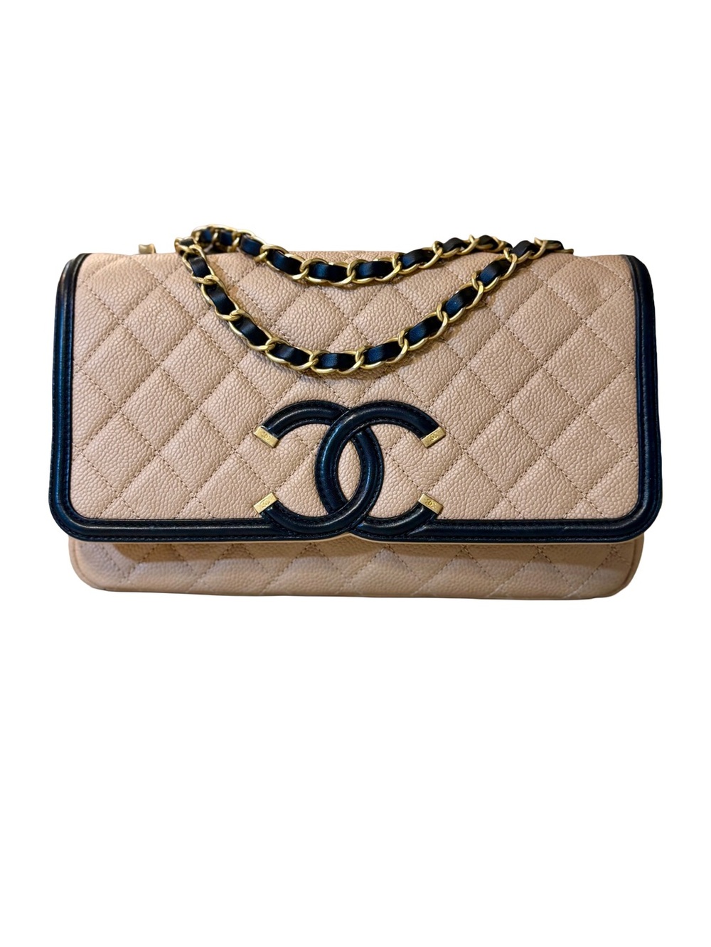 CHANEL Small CC Filigree Flap Bag Beige Black, Caviar Leather GHW